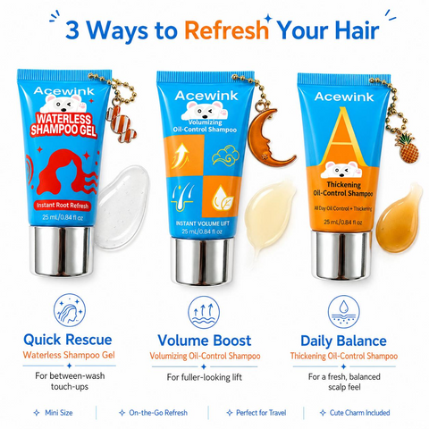 Acewink 3-in-1 Haircare Daily Refresh Kit - Waterless Shampoo Gel Cleanser, Oil-Control Volumizing Shampoo, Travel-Size Root Care for Oily & Flat Hair (Great Gift Option)