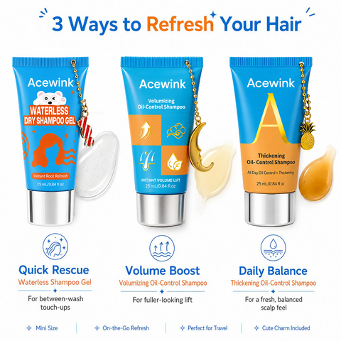 Acewink 3-in-1 Haircare Daily Refresh Kit - Waterless Shampoo Gel Cleanser, Oil-Control Volumizing Shampoo, Travel-Size Root Care for Oily & Flat Hair (Great Gift Option)