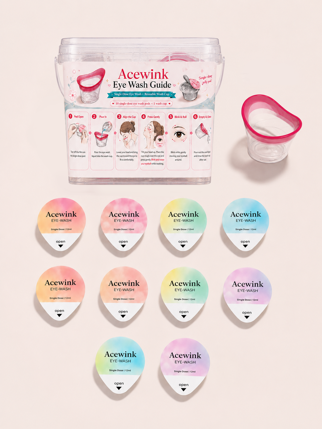 Acewink Portable Eye Wash Jelly Pods (10-Pack + Cup)